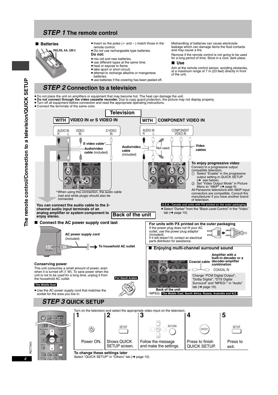 Step 1, Step 2, Step 3 | The remote control, Connection to a television, Quick setup, Television back of the unit | Panasonic DVD-S24 User Manual | Page 4 / 16