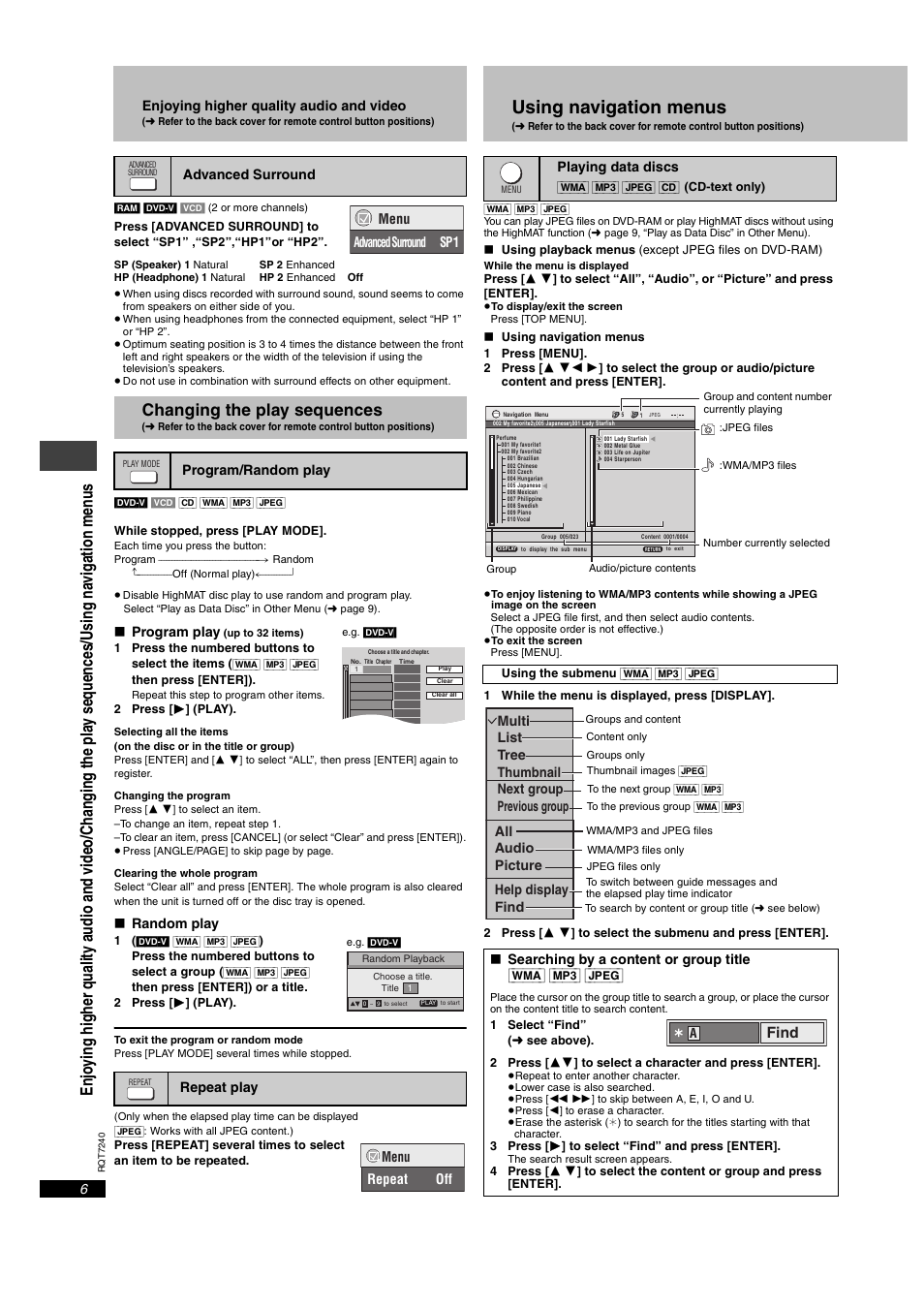 Using navigation menus, Changing the play sequences | Panasonic DVD-S24 User Manual | Page 6 / 16