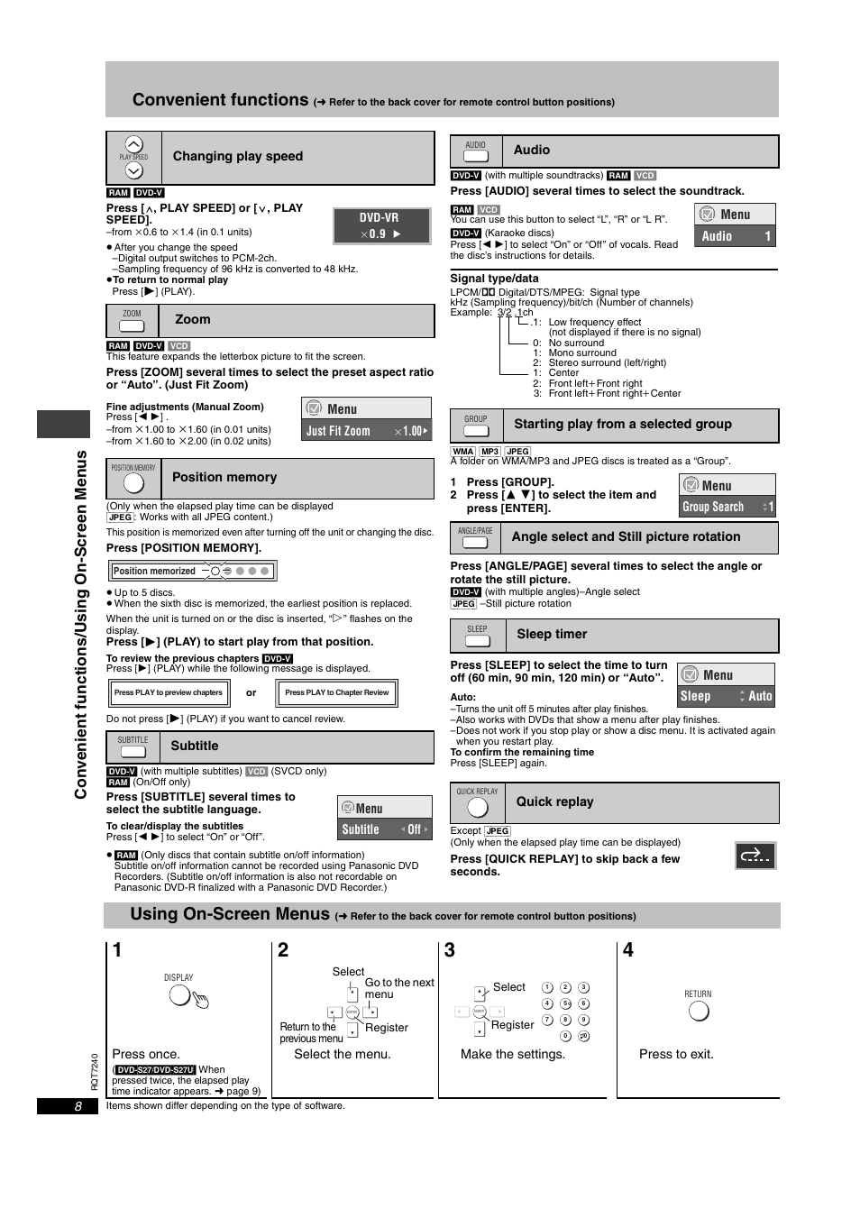 Convenient functions, Using on-screen menus | Panasonic DVD-S24 User Manual | Page 8 / 16