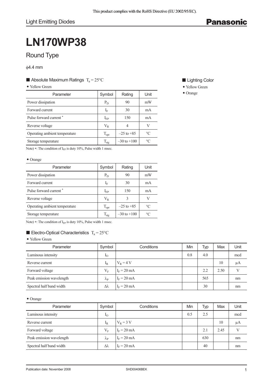 Panasonic LN170WP38 User Manual | 4 pages