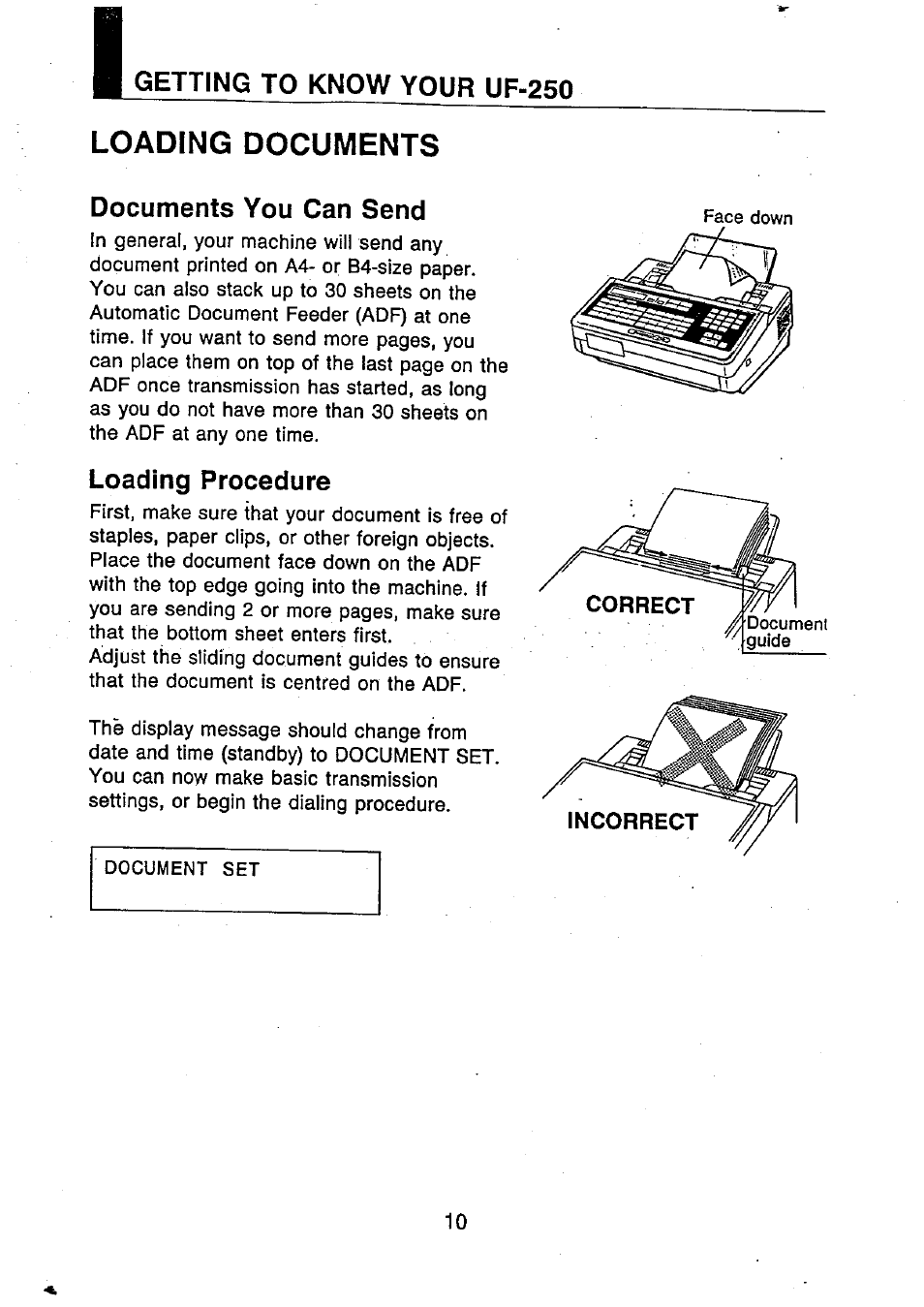 Loading documents, Documents you can send, Loading procedure | Panasonic UF-250 User Manual | Page 12 / 82
