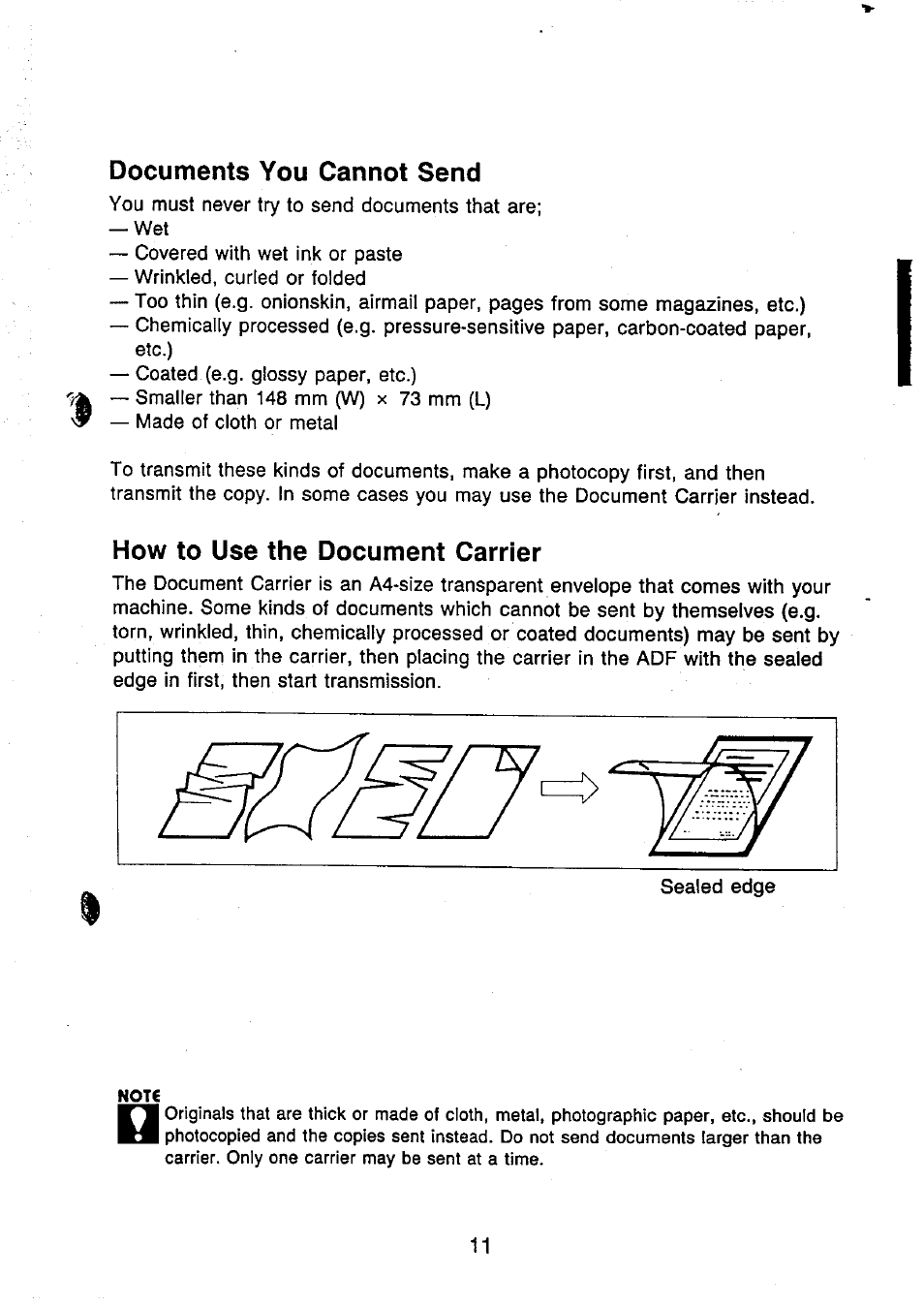 Documents you cannot send, How to use the document carrier | Panasonic UF-250 User Manual | Page 13 / 82