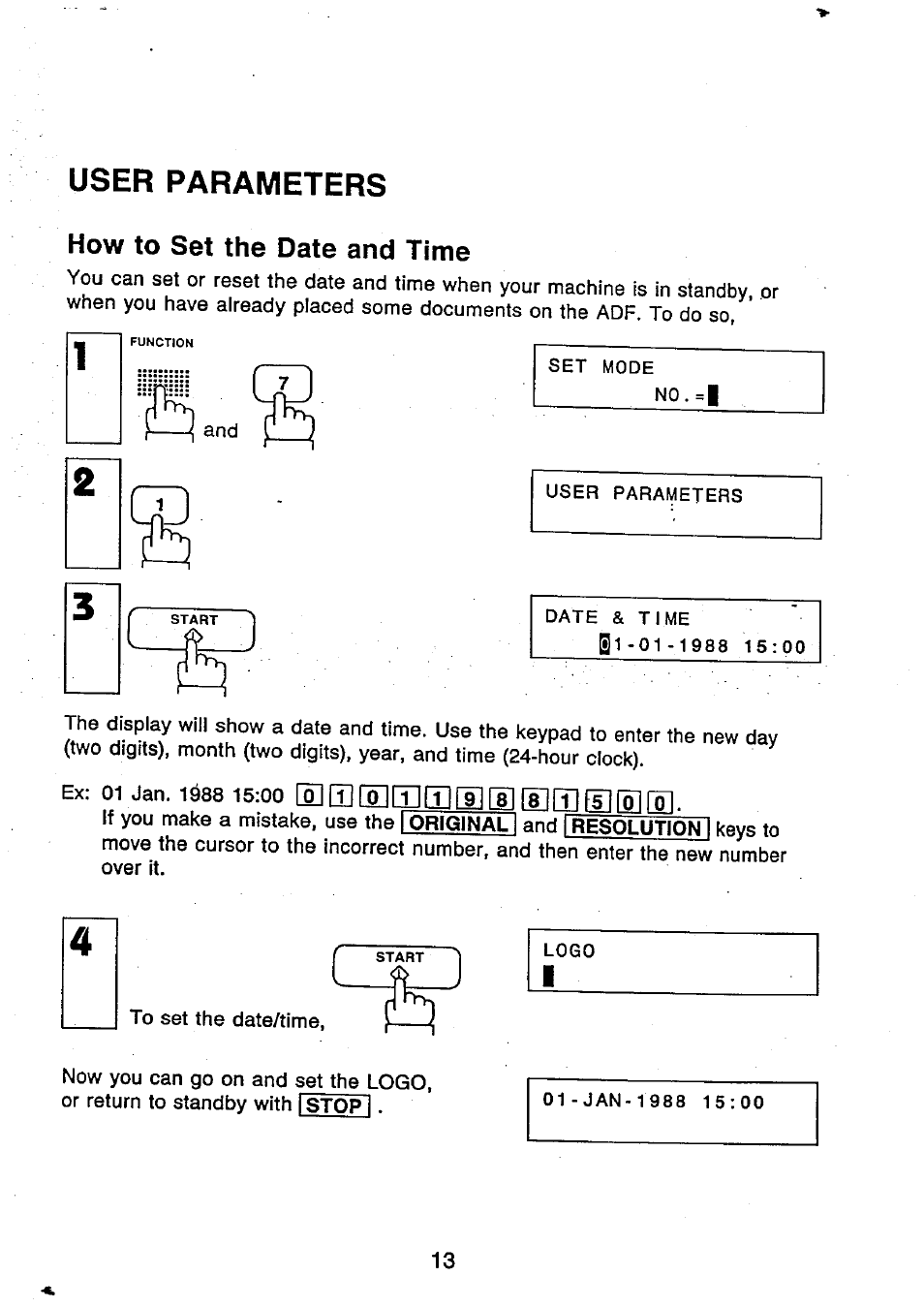 User parameters, How to set the date and time | Panasonic UF-250 User Manual | Page 15 / 82