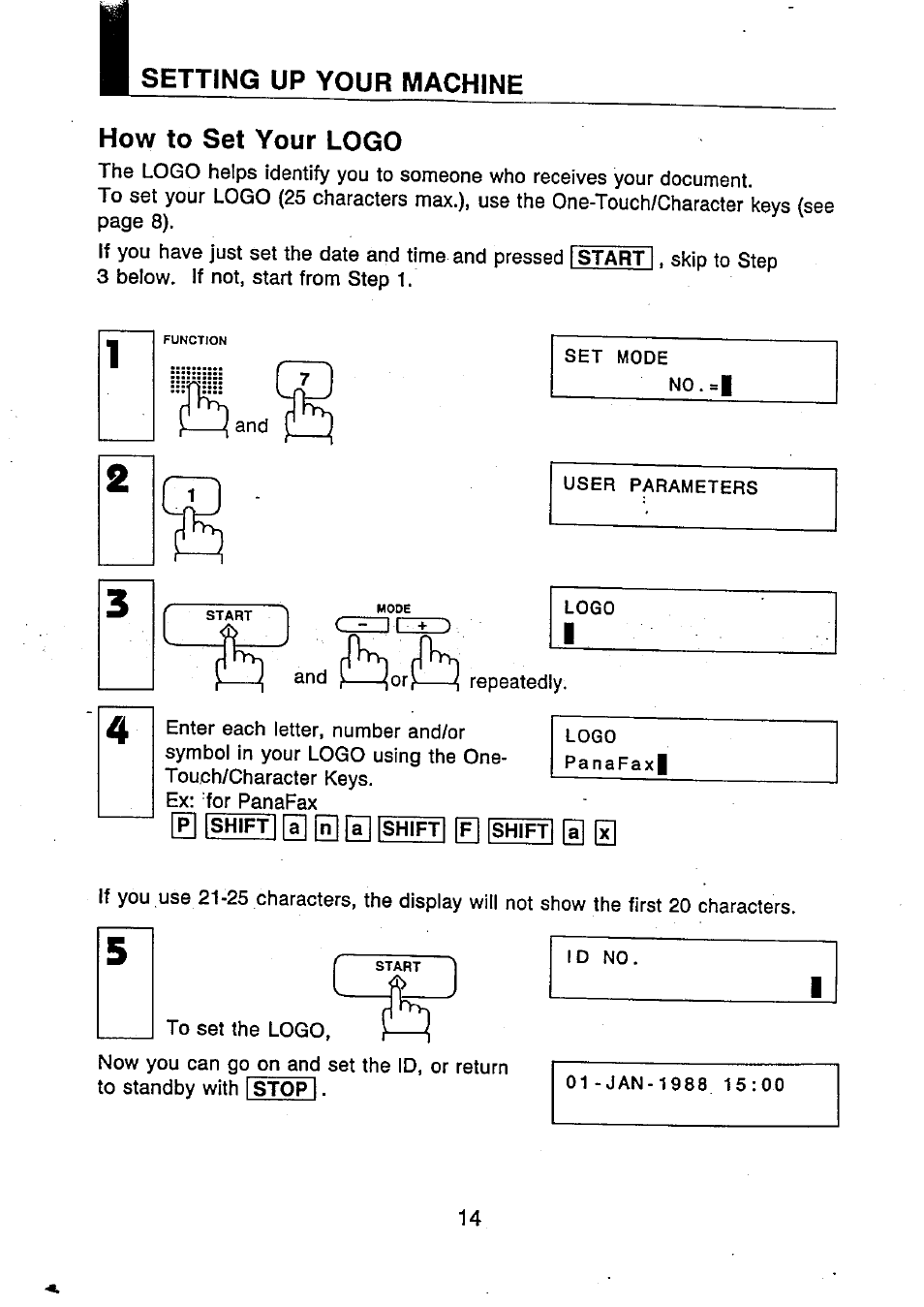 How to set your logo, Setting up your machine | Panasonic UF-250 User Manual | Page 16 / 82