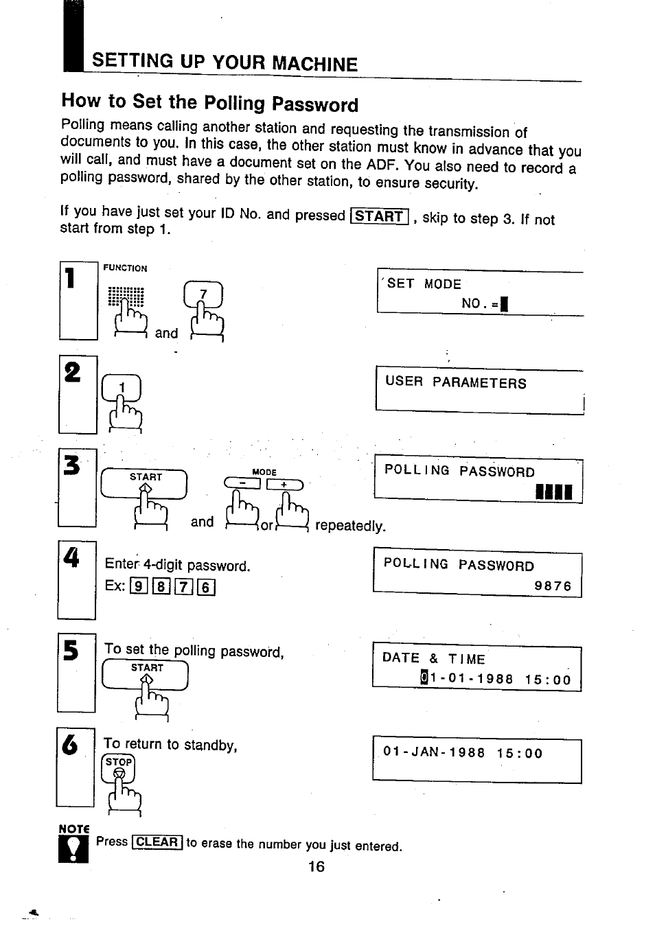 How to set the polling password, Setting up your machine | Panasonic UF-250 User Manual | Page 18 / 82