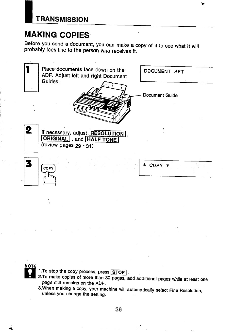 Making copies, Transmission | Panasonic UF-250 User Manual | Page 38 / 82