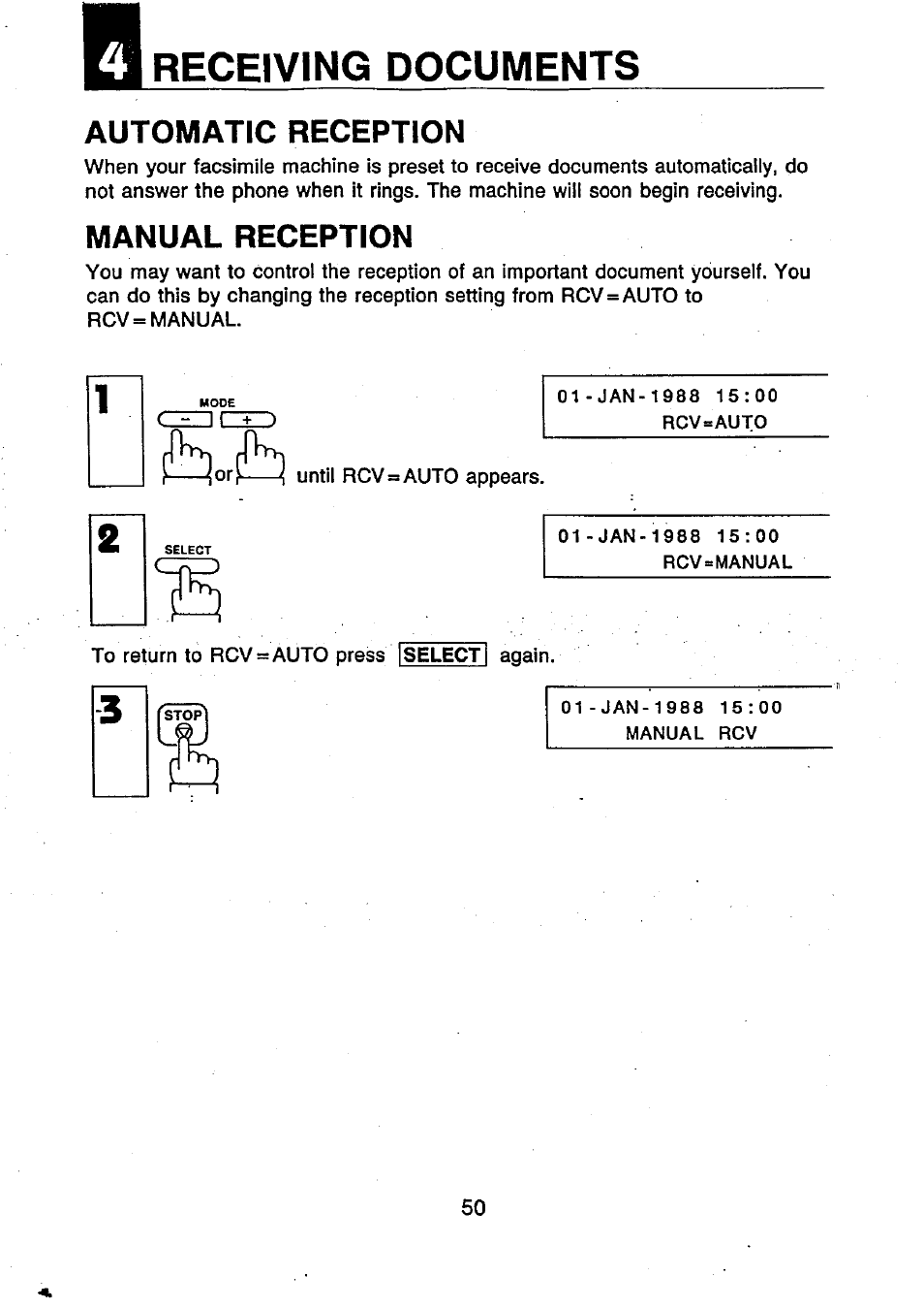 Automatic reception, Manual reception, Receiving documents | Fho-iih | Panasonic UF-250 User Manual | Page 52 / 82