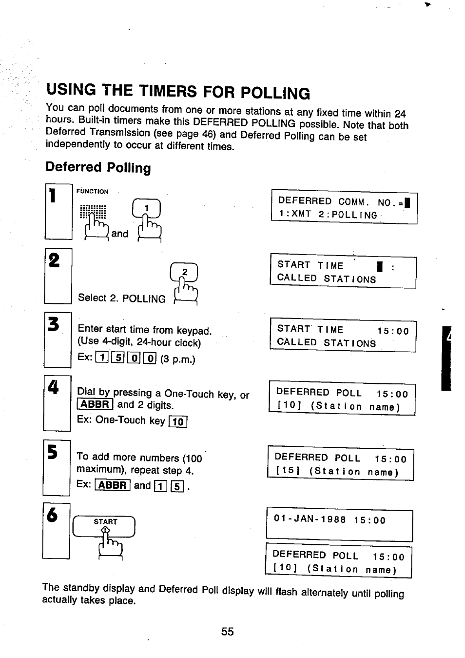 Using the timers for polling, Deferred polling, Using the timers for polling — deferred polling | Ex:[3][l][0][0](3p.m.) | Panasonic UF-250 User Manual | Page 57 / 82