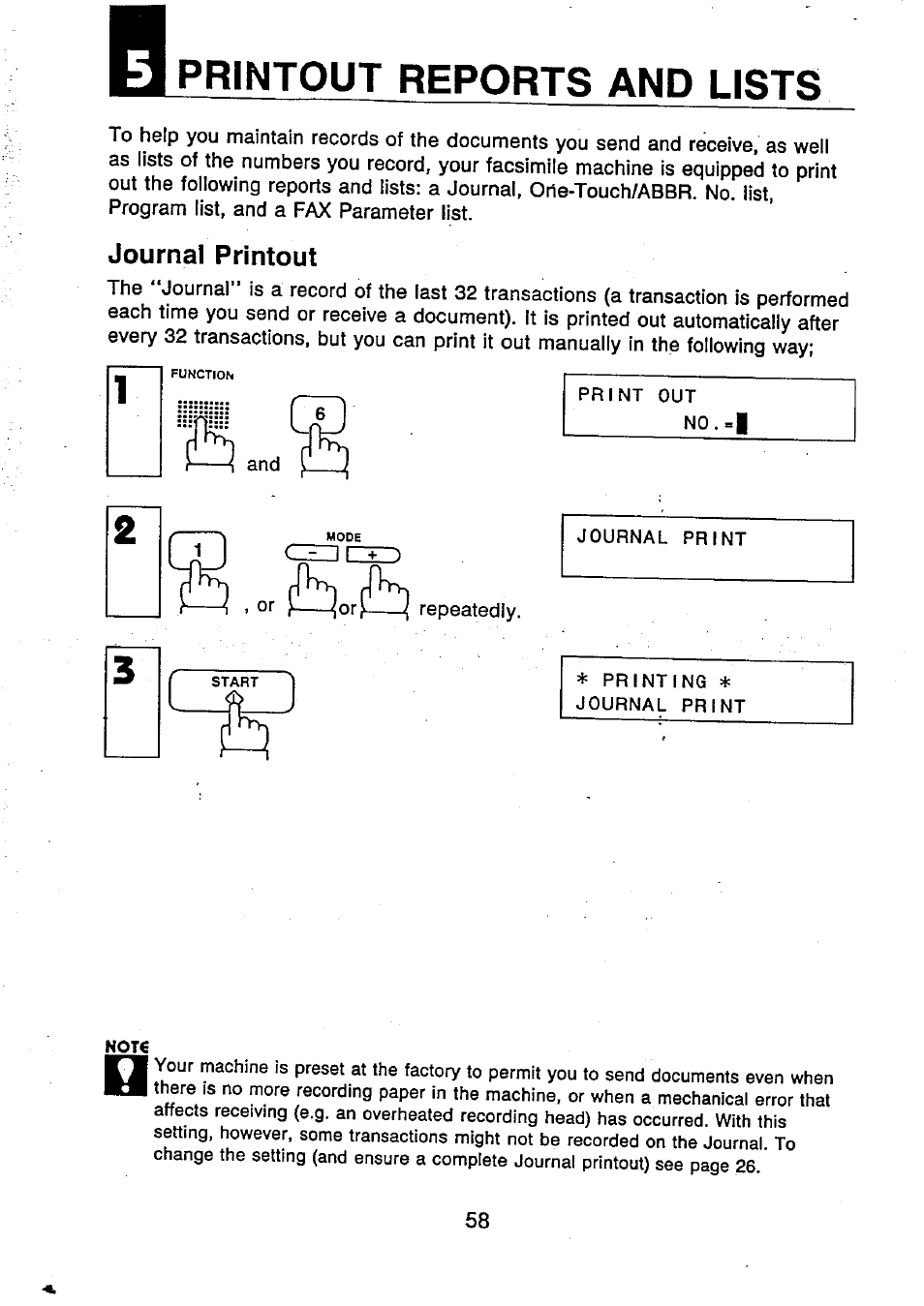 Journal printout, Printout reports and lists | Panasonic UF-250 User Manual | Page 59 / 82