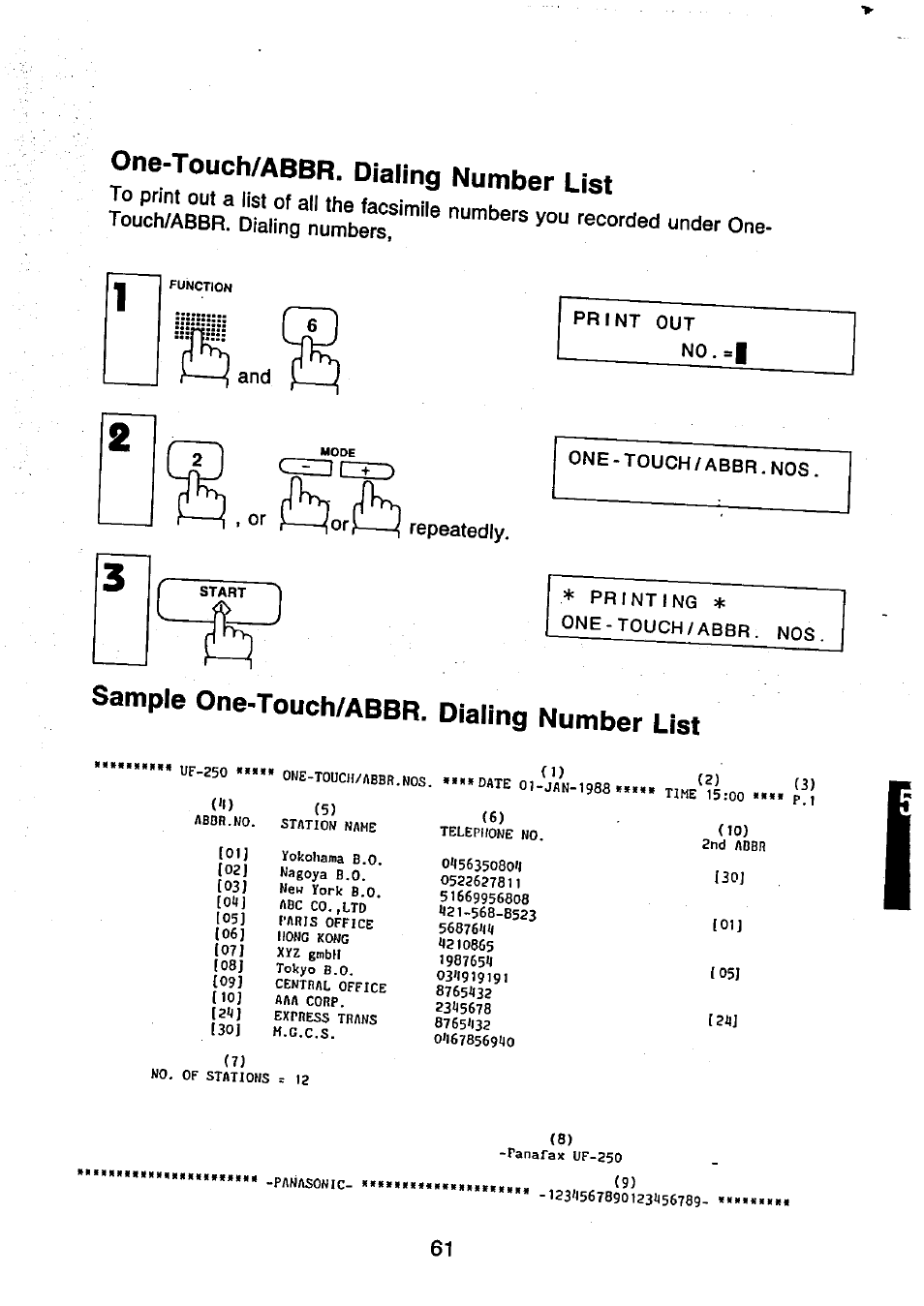 One-touch/abbr. dialing number list, Sample one-touch/abbr. dialing number list, Czdczed | And , or, Iborfe repeatedly | Panasonic UF-250 User Manual | Page 62 / 82