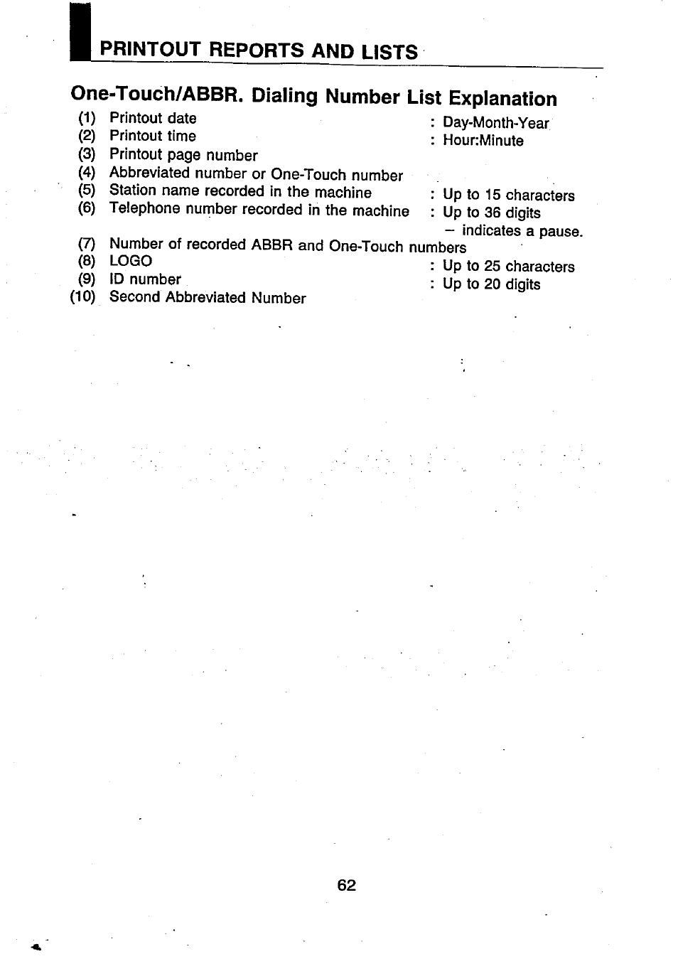 One-touch/abbr. dialing number list expianation, Printout reports and lists | Panasonic UF-250 User Manual | Page 63 / 82