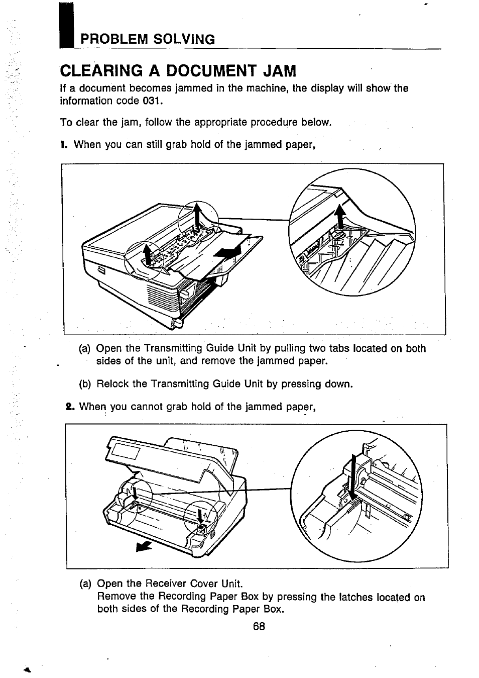 Problem solving, Clearing a document jam | Panasonic UF-250 User Manual | Page 69 / 82