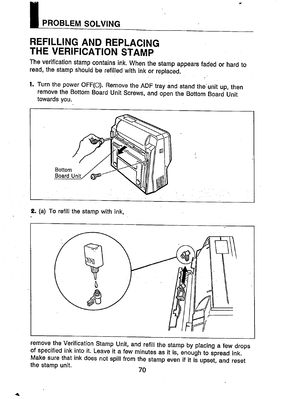 Problem solving, Refilling and replacing the verification stamp | Panasonic UF-250 User Manual | Page 71 / 82