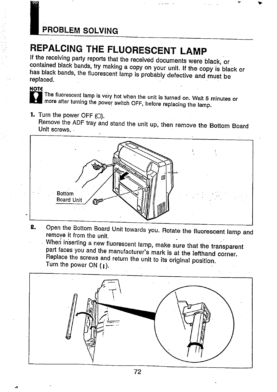 Problem solving, Repalcing the fluorescent lamp, Replacing the fluorescent lamp | Panasonic UF-250 User Manual | Page 73 / 82