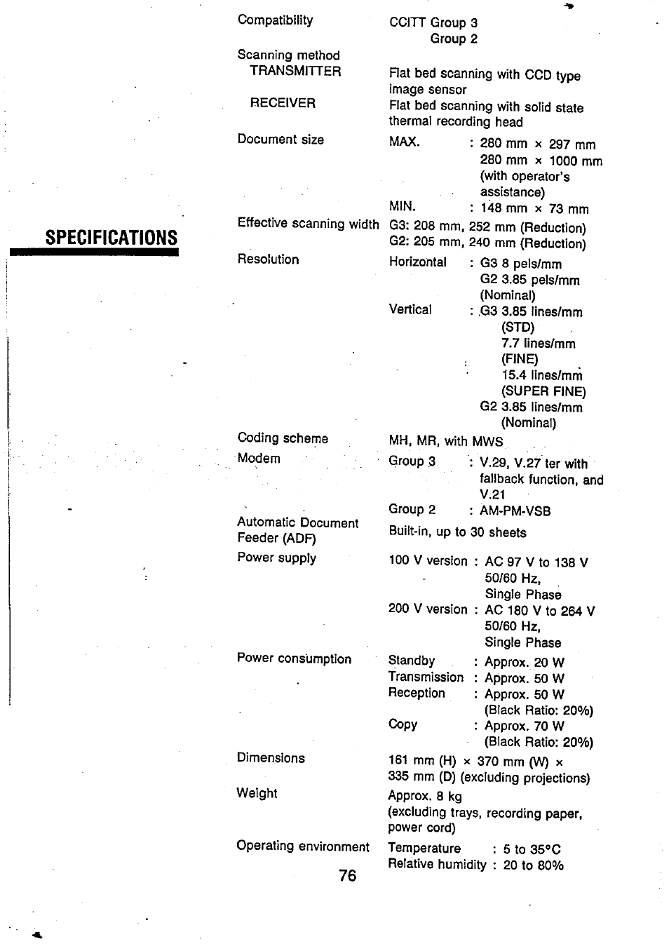 Specifications | Panasonic UF-250 User Manual | Page 77 / 82