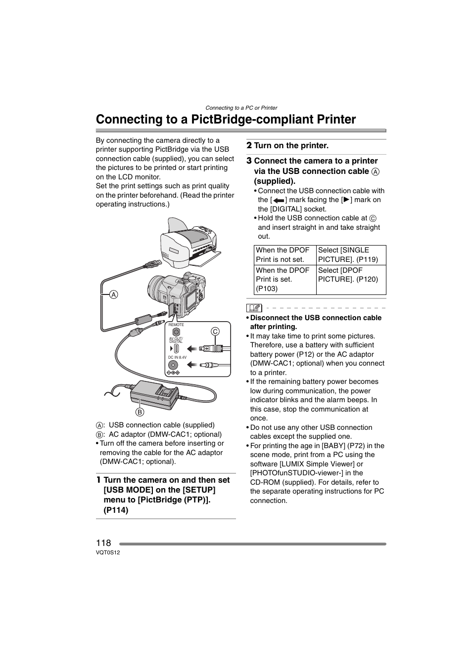 Connecting to a pictbridge-compliant printer | Panasonic DMC-FZ30GN User Manual | Page 118 / 136