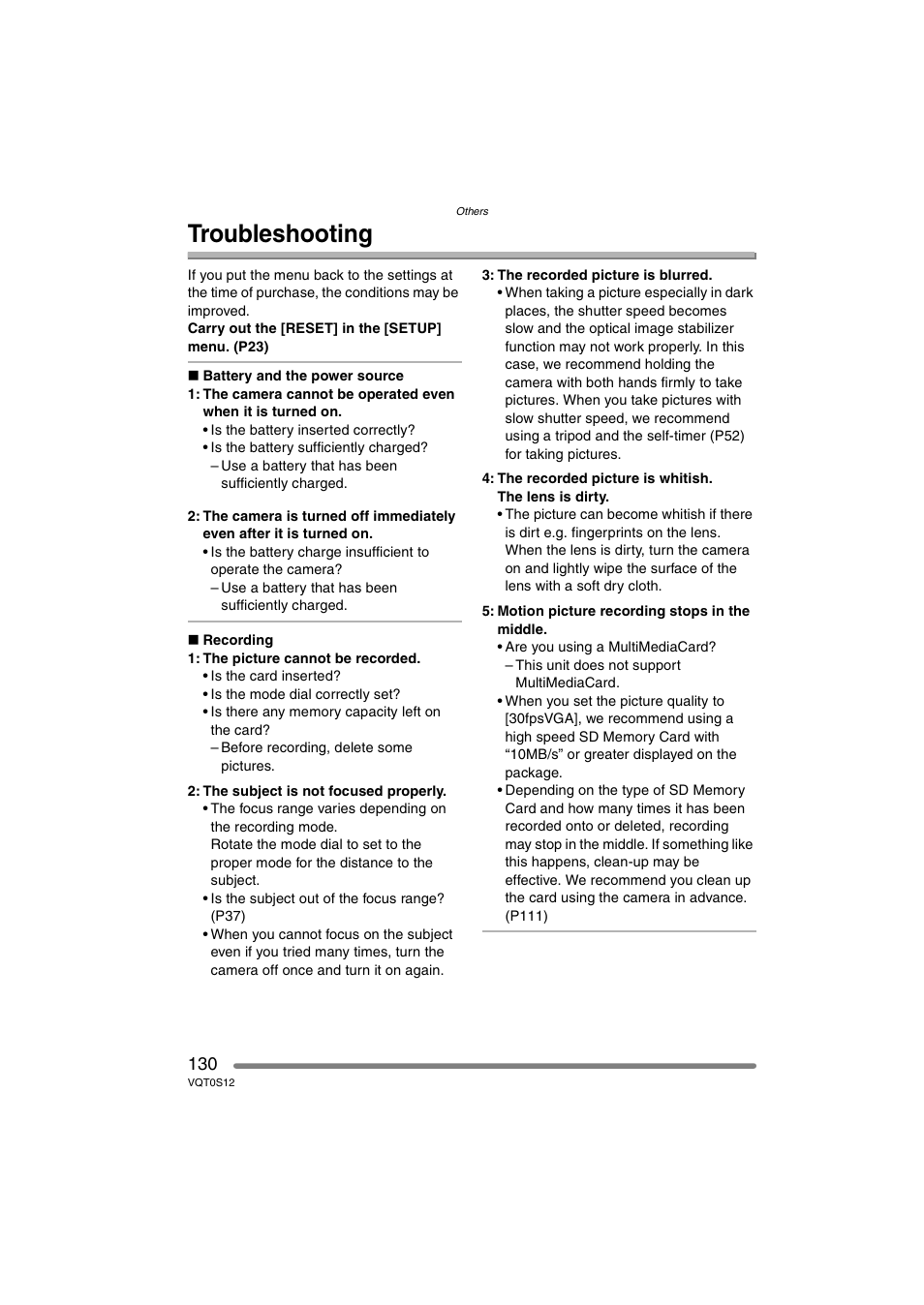 Troubleshooting | Panasonic DMC-FZ30GN User Manual | Page 130 / 136