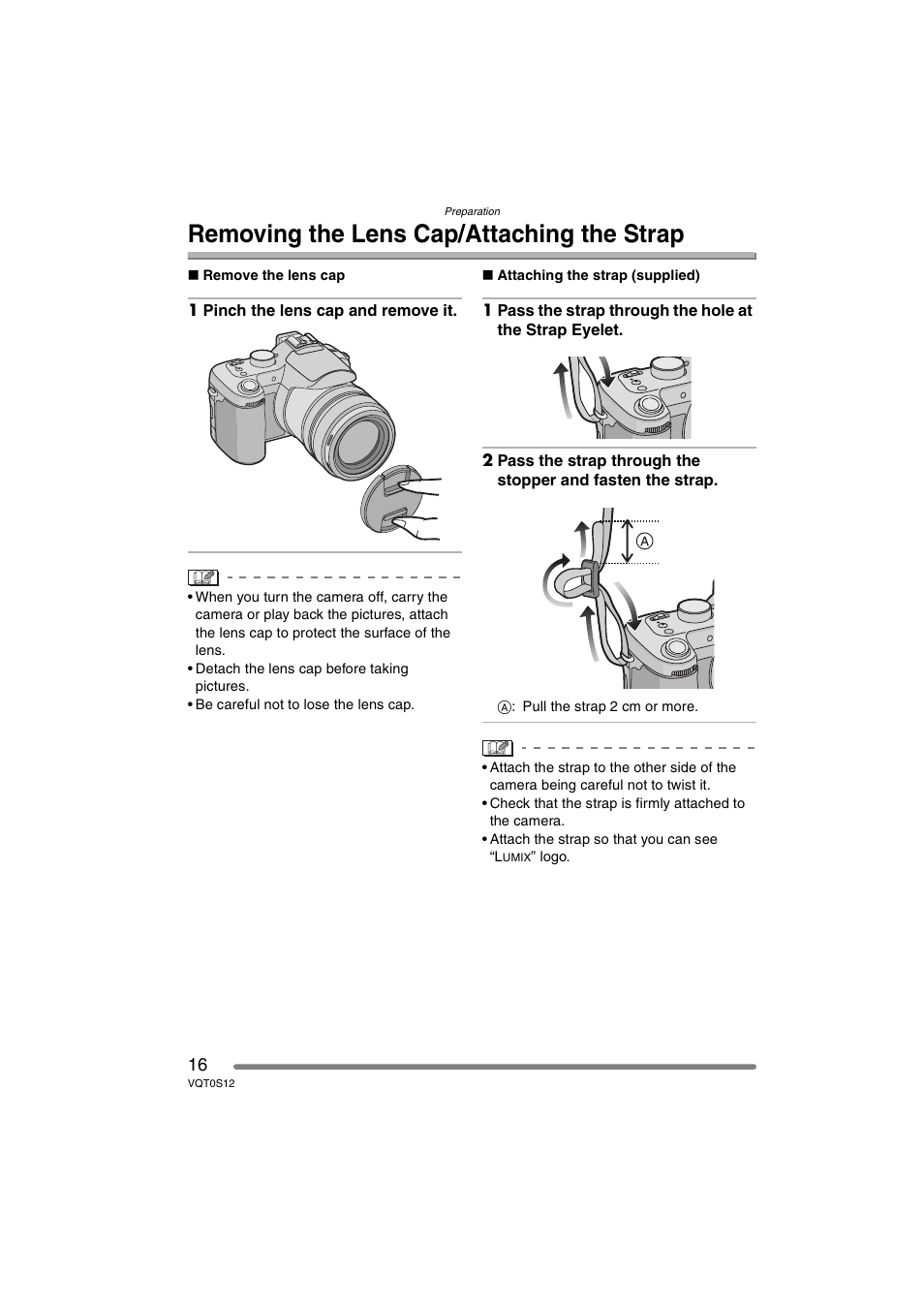 Removing the lens cap/attaching the strap | Panasonic DMC-FZ30GN User Manual | Page 16 / 136