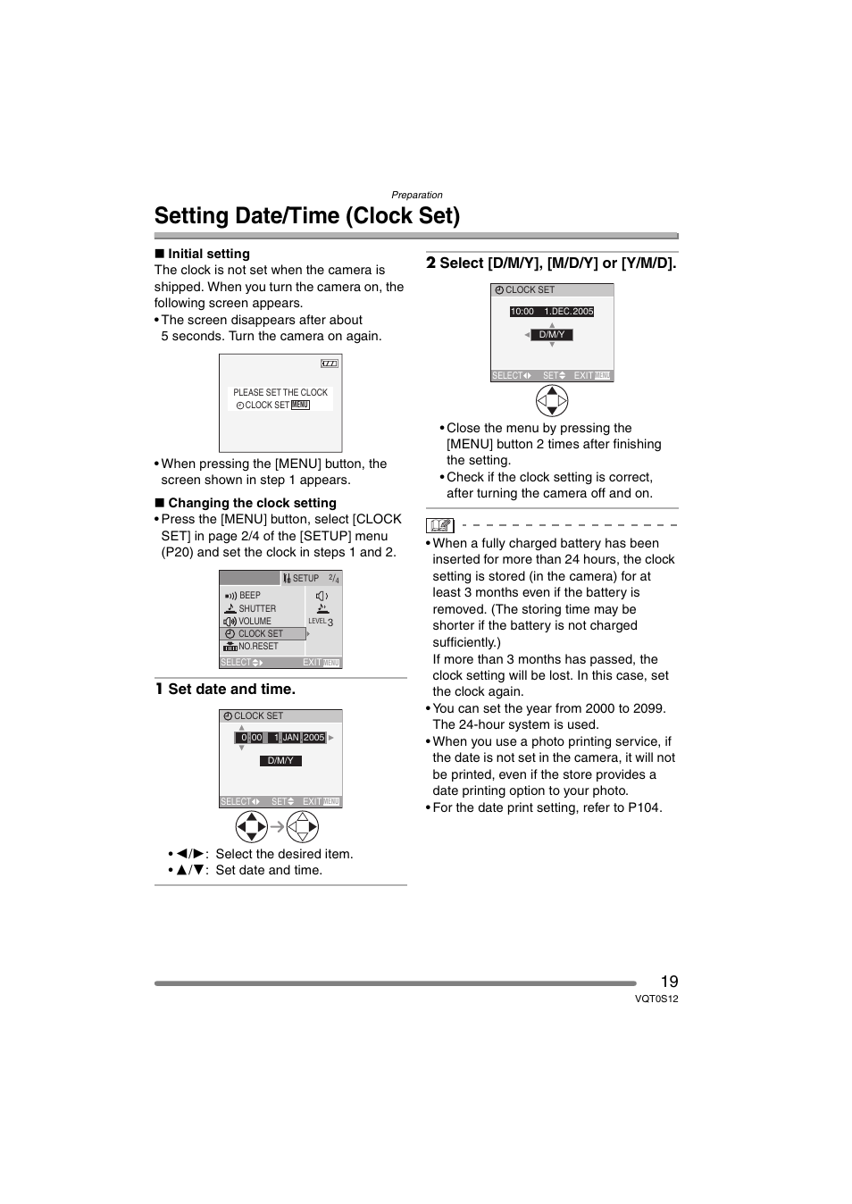 Setting date/time (clock set), 1 set date and time, 2 select [d/m/y], [m/d/y] or [y/m/d | Panasonic DMC-FZ30GN User Manual | Page 19 / 136