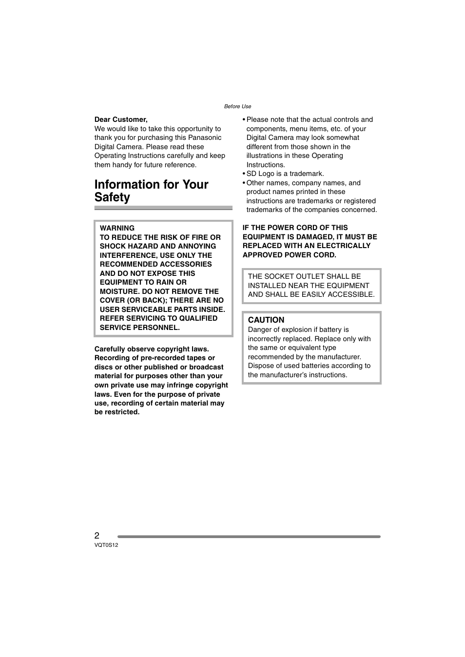 Information for your safety | Panasonic DMC-FZ30GN User Manual | Page 2 / 136