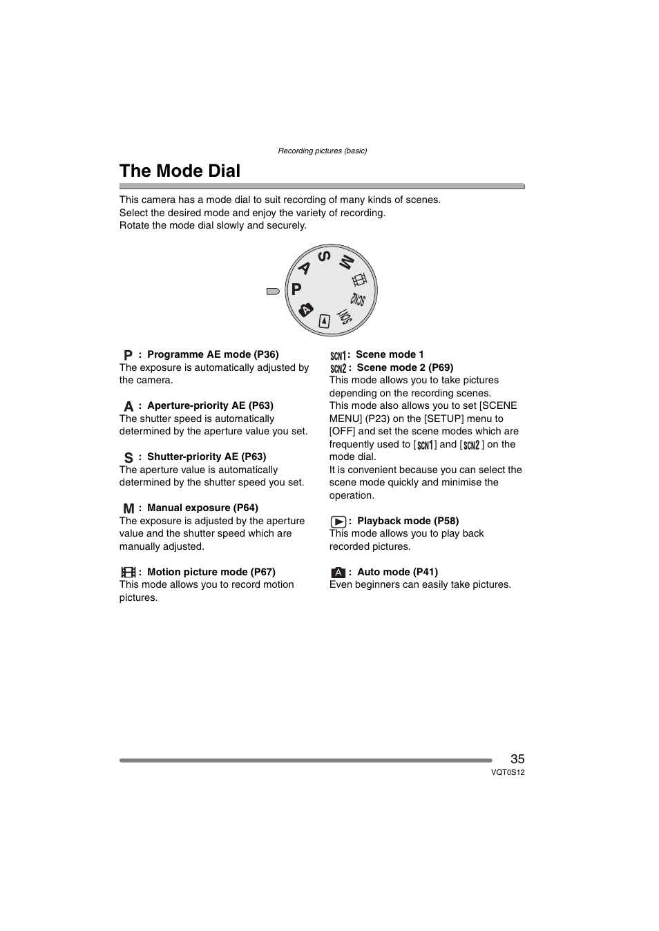 The mode dial, Pa s m | Panasonic DMC-FZ30GN User Manual | Page 35 / 136