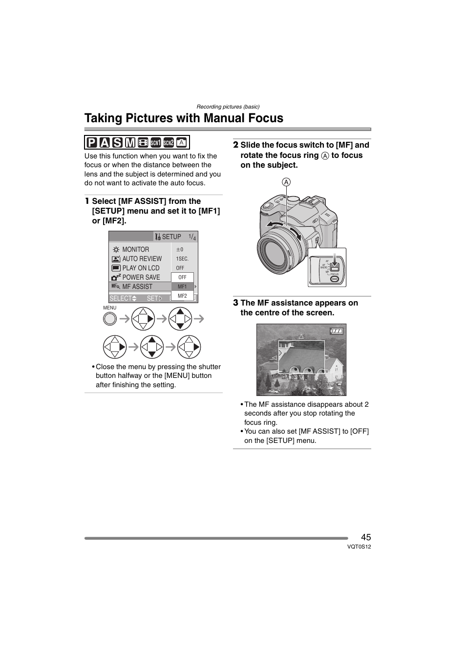 Taking pictures with manual focus | Panasonic DMC-FZ30GN User Manual | Page 45 / 136