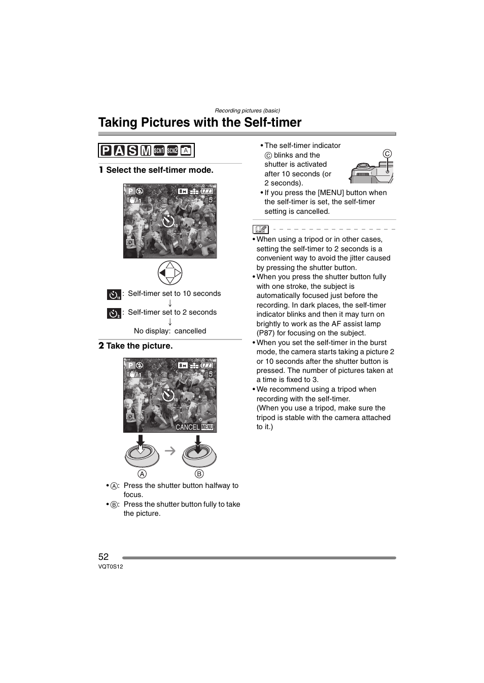Taking pictures with the self-timer | Panasonic DMC-FZ30GN User Manual | Page 52 / 136