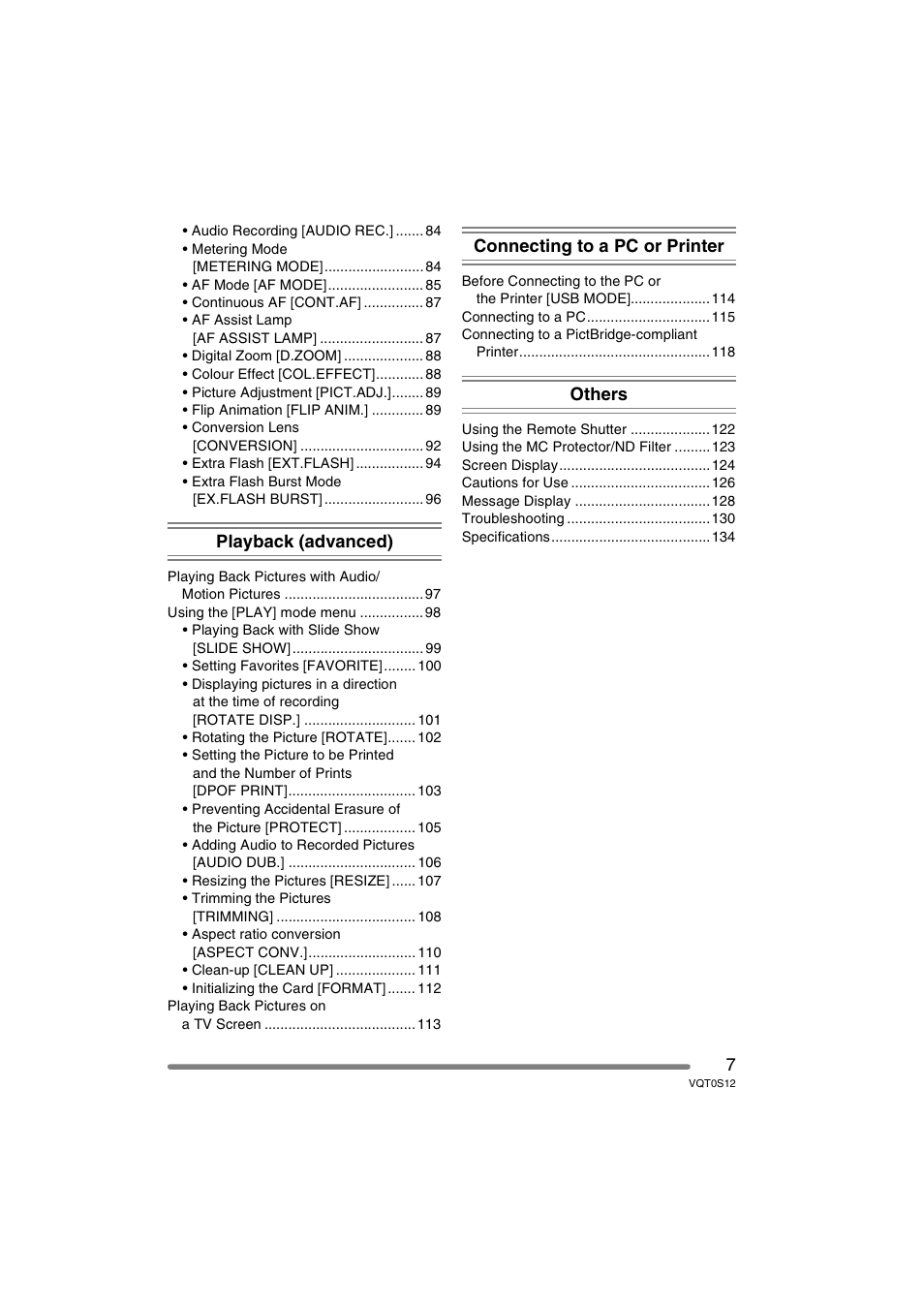 Playback (advanced), Connecting to a pc or printer, Others | Panasonic DMC-FZ30GN User Manual | Page 7 / 136