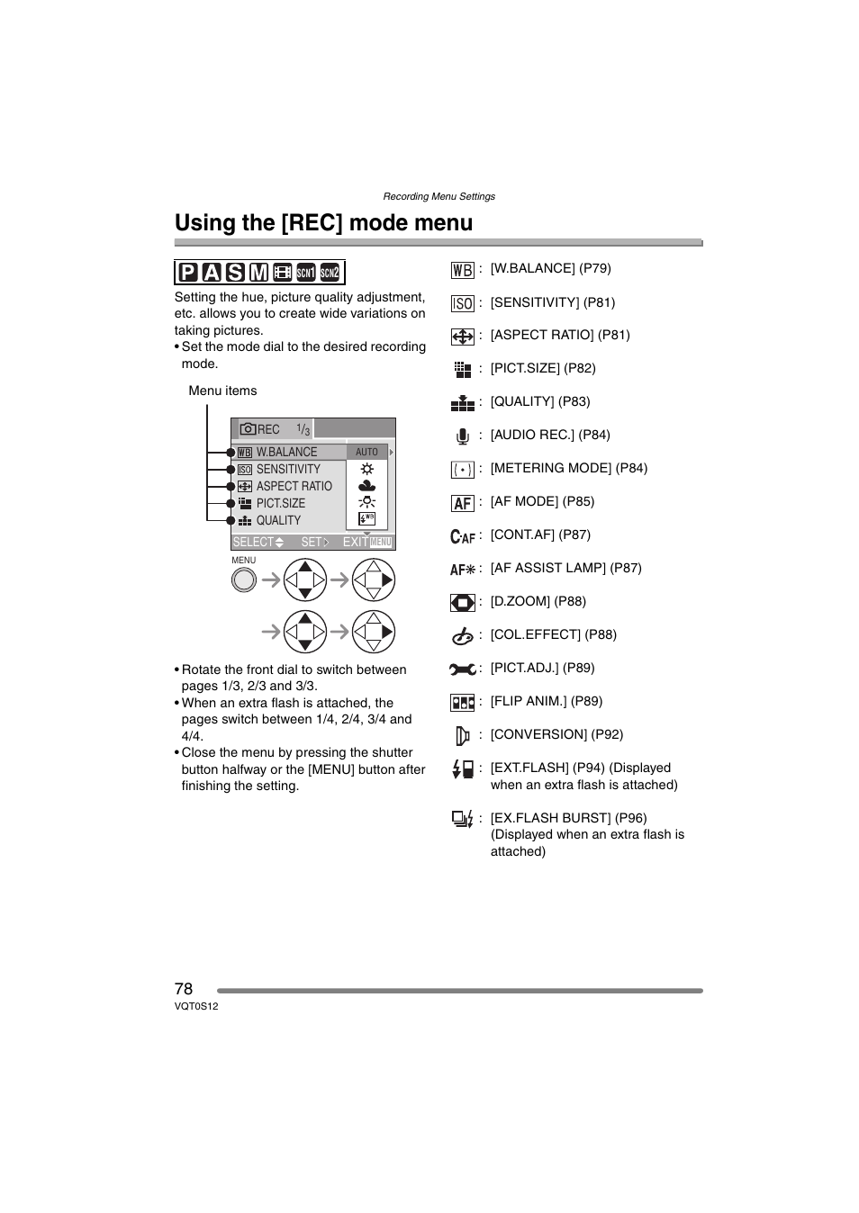 Using the [rec] mode menu | Panasonic DMC-FZ30GN User Manual | Page 78 / 136