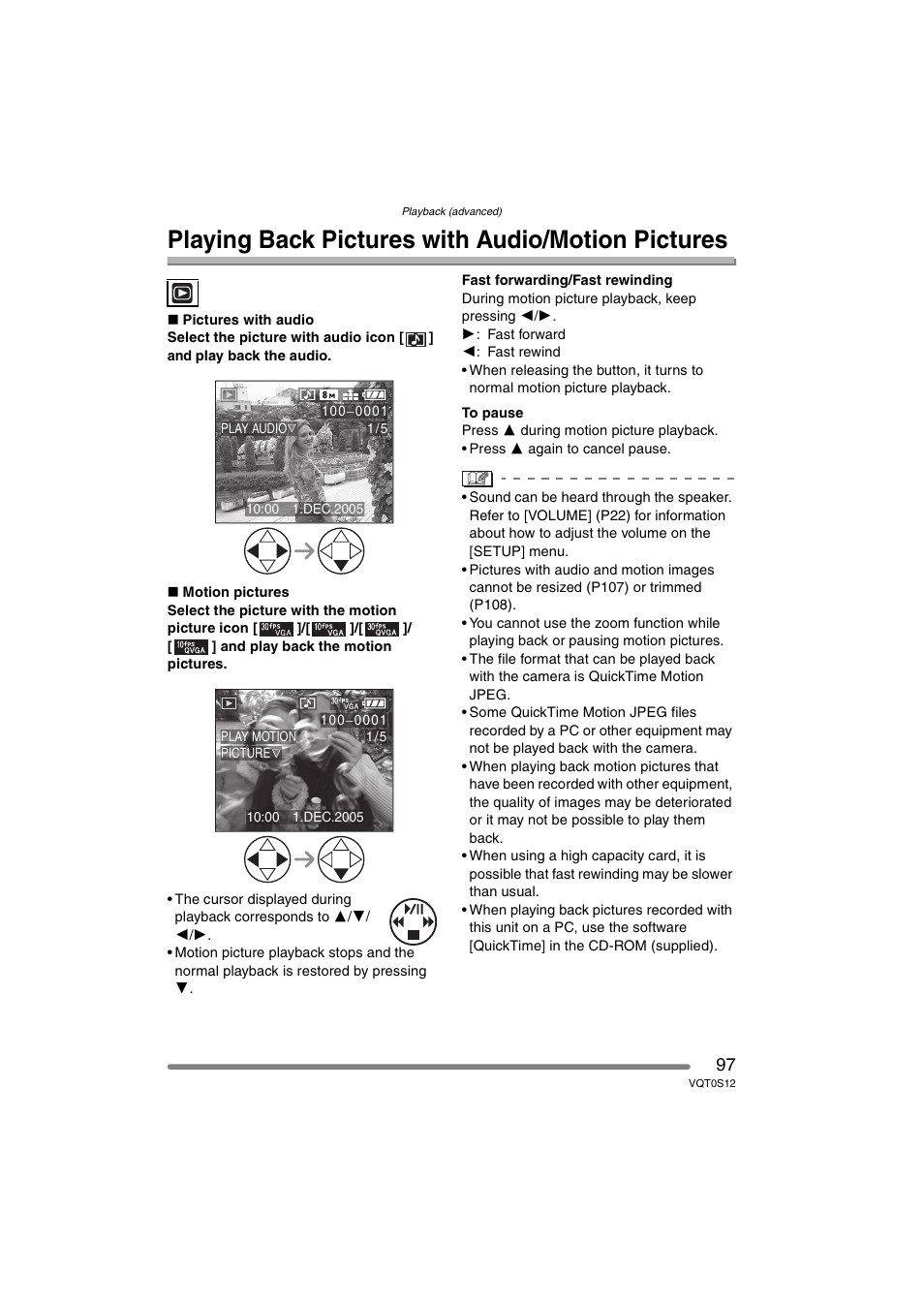 Playing back pictures with audio/motion pictures | Panasonic DMC-FZ30GN User Manual | Page 97 / 136