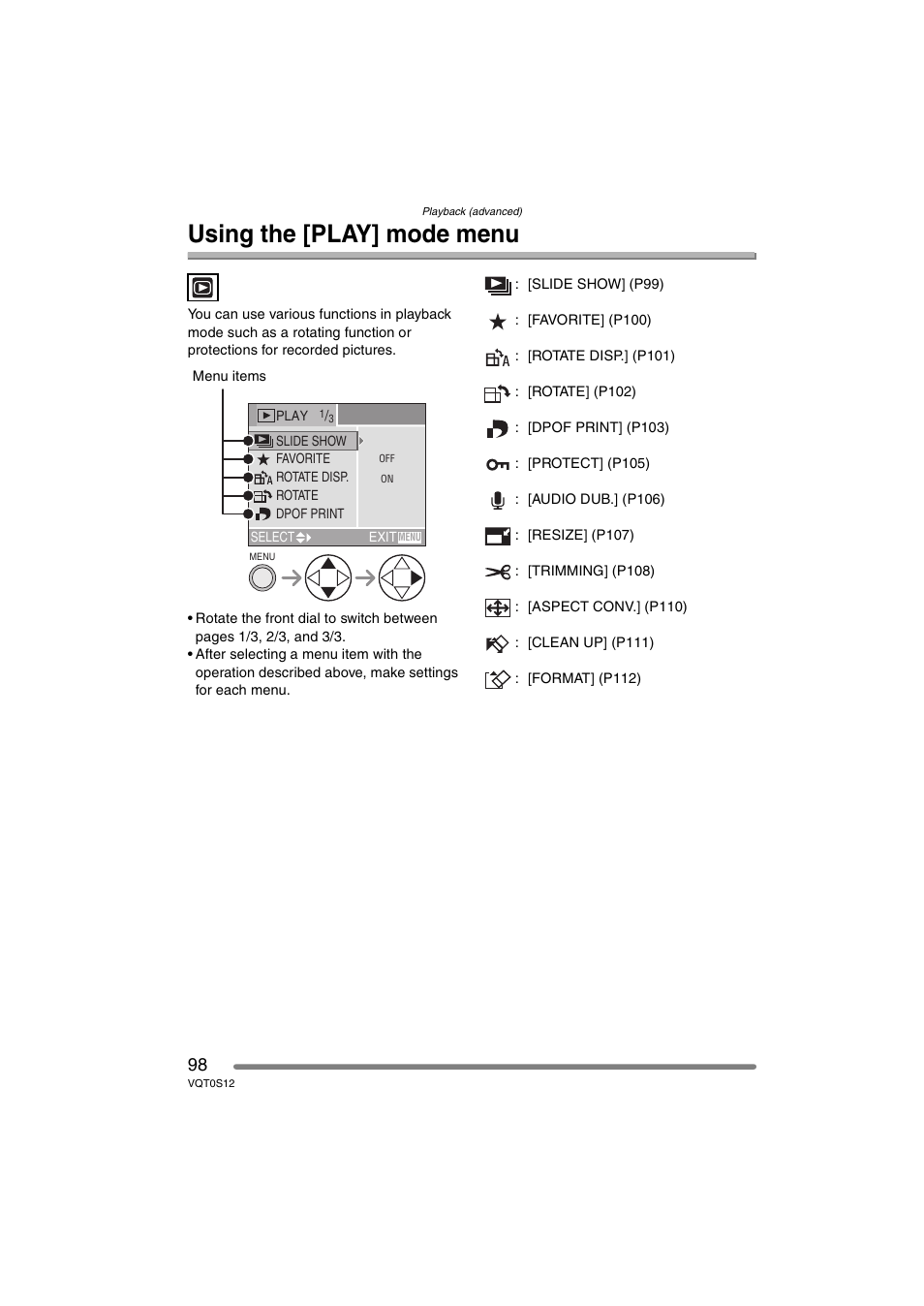 Using the [play] mode menu | Panasonic DMC-FZ30GN User Manual | Page 98 / 136