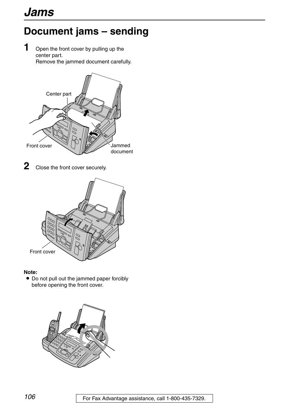 Document jams – sending, Jams, Document jams – sending 1 | Panasonic KX-FPG371 User Manual | Page 106 / 132