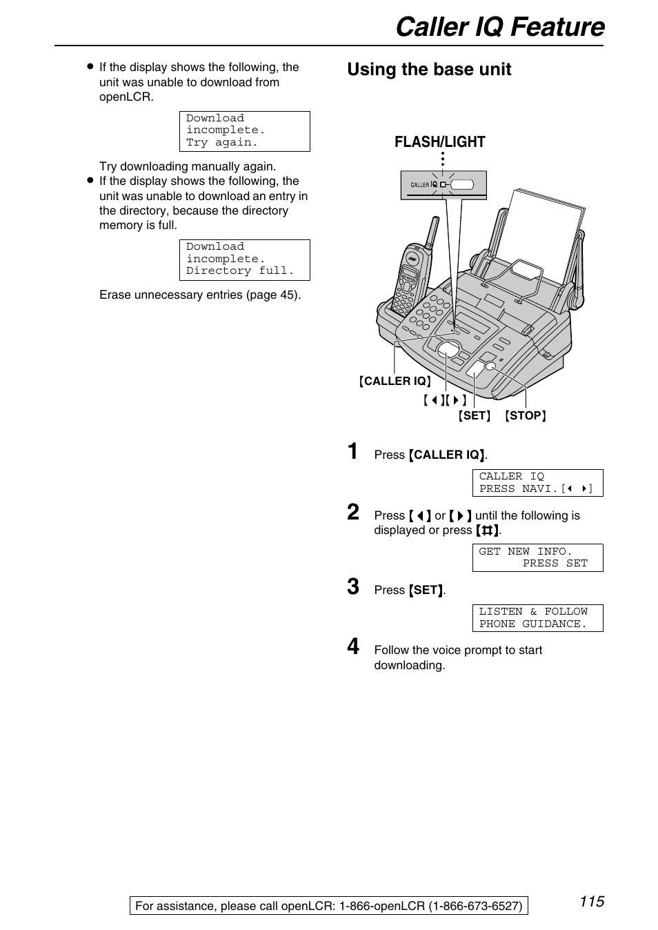 Caller iq feature, Using the base unit, Flash/light | Panasonic KX-FPG371 User Manual | Page 115 / 132