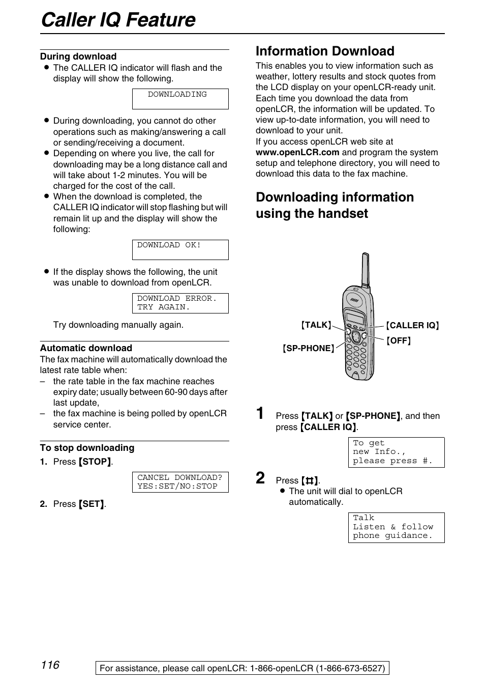 Caller iq feature, Information download, Downloading information using the handset | Panasonic KX-FPG371 User Manual | Page 116 / 132