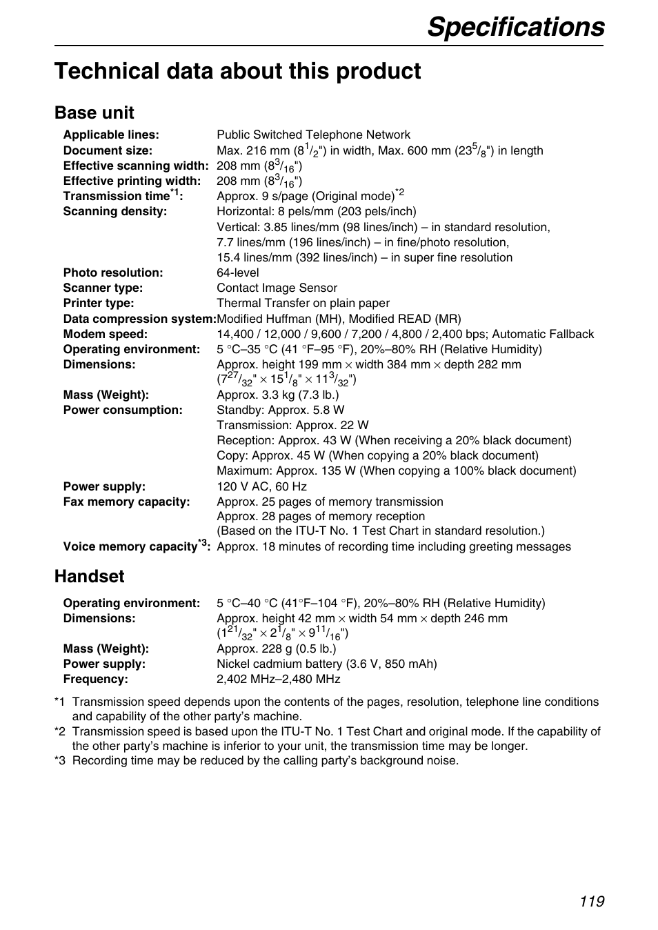 Specifications, Technical data about this product, Base unit handset | Panasonic KX-FPG371 User Manual | Page 119 / 132