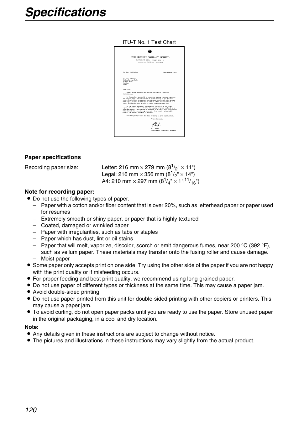 Specifications | Panasonic KX-FPG371 User Manual | Page 120 / 132