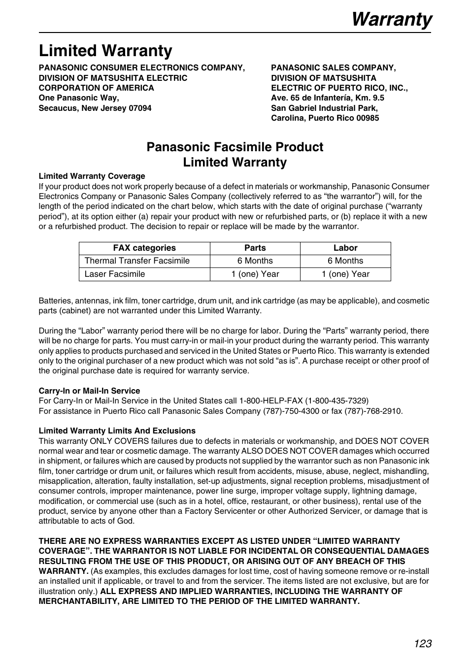 Warranty, Limited warranty, Panasonic facsimile product limited warranty | Panasonic KX-FPG371 User Manual | Page 123 / 132