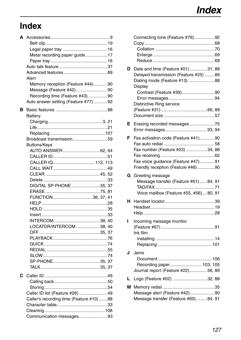 Index | Panasonic KX-FPG371 User Manual | Page 127 / 132