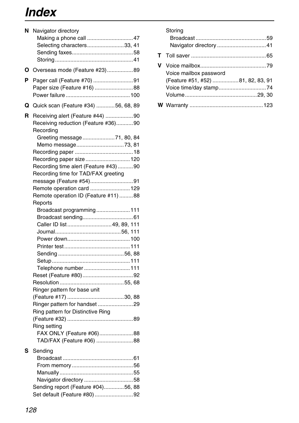 Index | Panasonic KX-FPG371 User Manual | Page 128 / 132