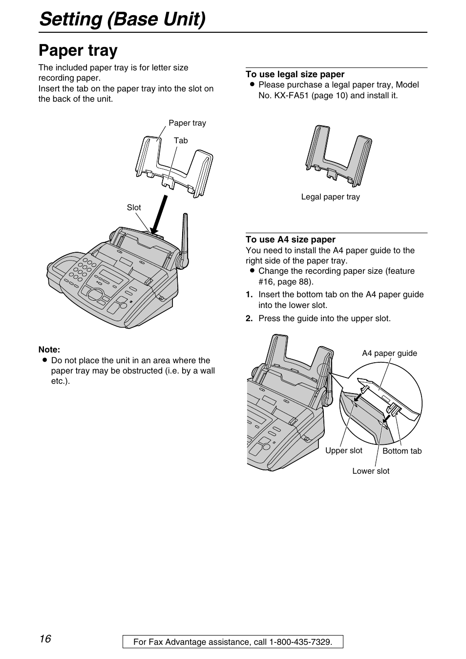 Paper tray, Setting (base unit) | Panasonic KX-FPG371 User Manual | Page 16 / 132