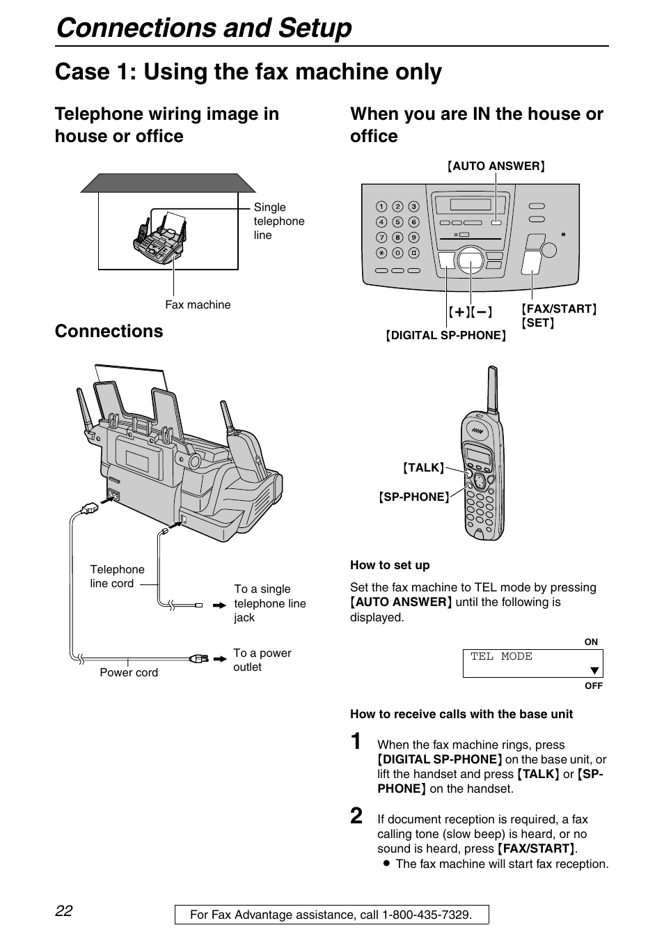 Case 1: using the fax machine only, Connections and setup | Panasonic KX-FPG371 User Manual | Page 22 / 132
