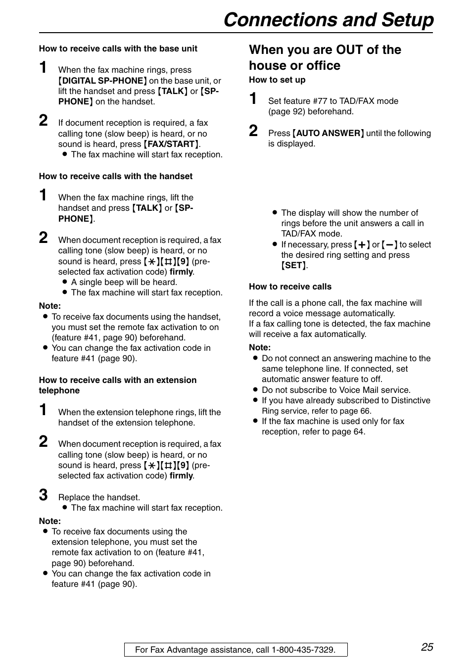 Connections and setup, When you are out of the house or office | Panasonic KX-FPG371 User Manual | Page 25 / 132