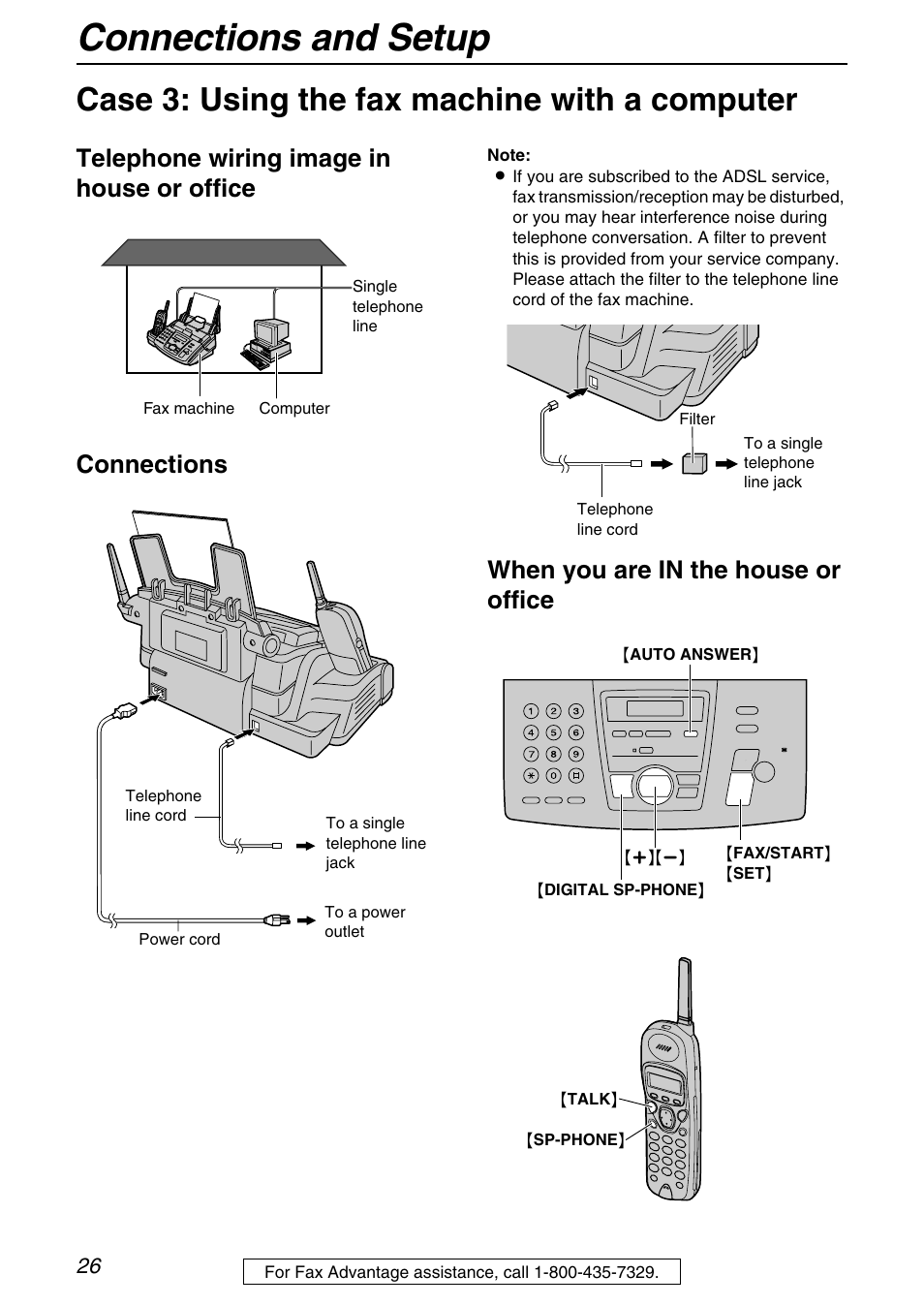 Case 3: using the fax machine with a computer, Connections and setup, When you are in the house or office | Panasonic KX-FPG371 User Manual | Page 26 / 132