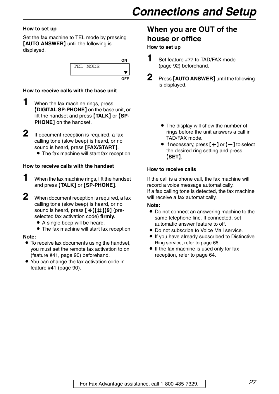 Connections and setup, When you are out of the house or office | Panasonic KX-FPG371 User Manual | Page 27 / 132