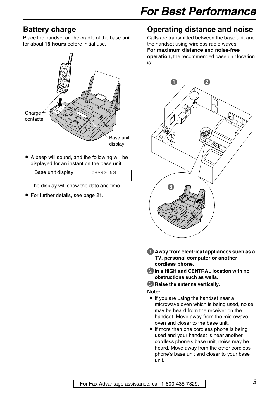 For best performance, Battery charge, Operating distance and noise | Panasonic KX-FPG371 User Manual | Page 3 / 132