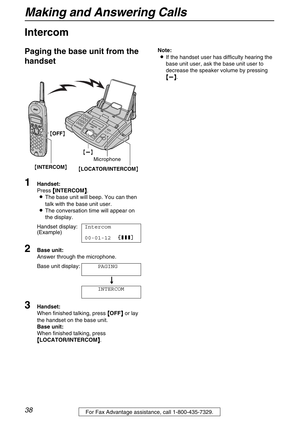 Intercom, Making and answering calls, Paging the base unit from the handset | Panasonic KX-FPG371 User Manual | Page 38 / 132
