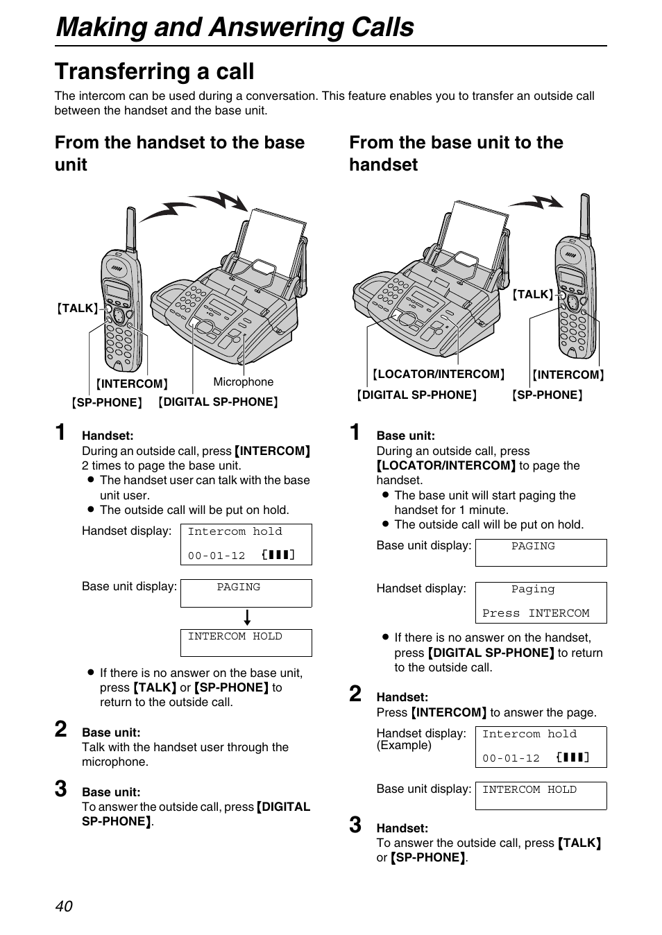 Transferring a call, Making and answering calls | Panasonic KX-FPG371 User Manual | Page 40 / 132