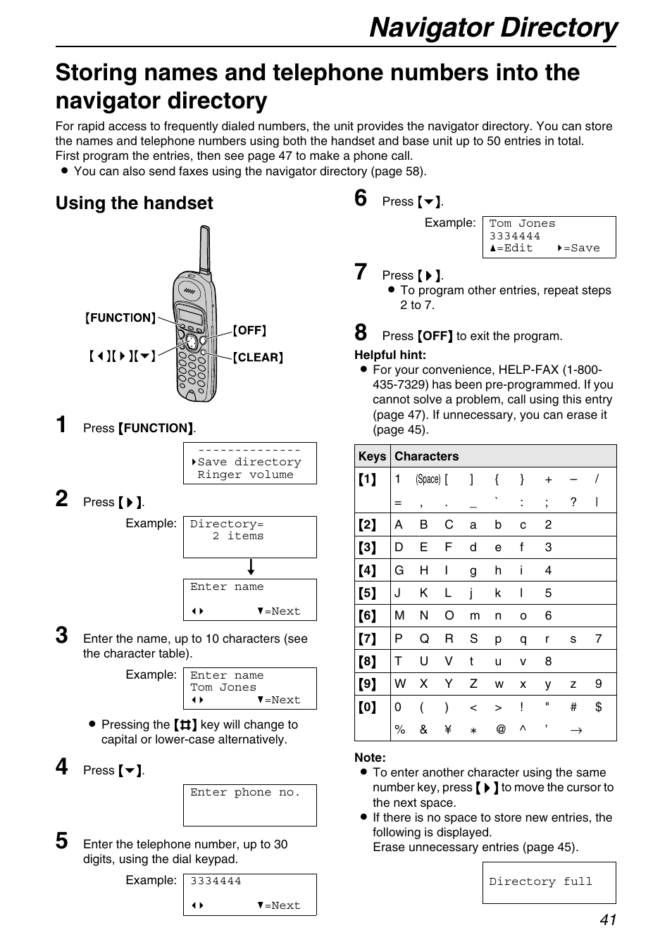 Navigator directory, Using the handset | Panasonic KX-FPG371 User Manual | Page 41 / 132