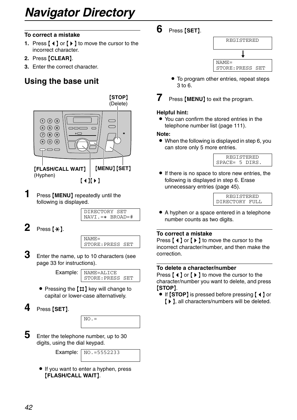 Navigator directory, Using the base unit | Panasonic KX-FPG371 User Manual | Page 42 / 132