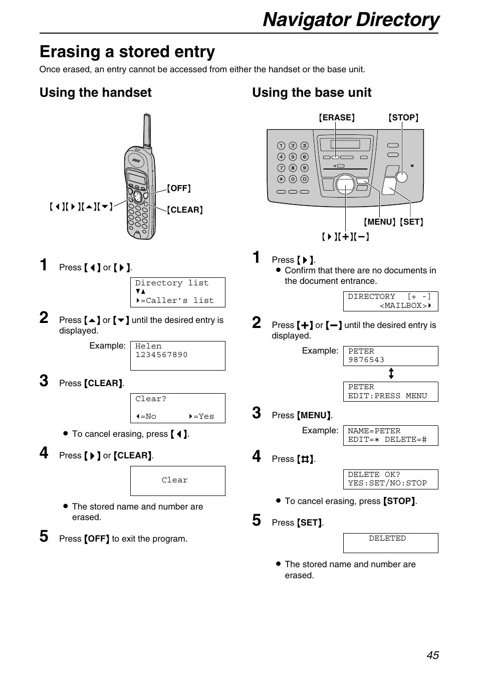 Erasing a stored entry, Navigator directory, Using the handset | Using the base unit | Panasonic KX-FPG371 User Manual | Page 45 / 132